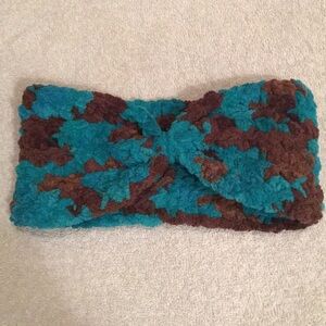 Headband ear warmer, hand crocheted blue brown